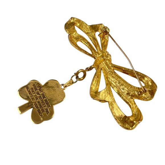Phister Gold-Tone Bow Brooch With Dangling Green Enamel Clover Celtic Cross Char - Picture 3 of 8